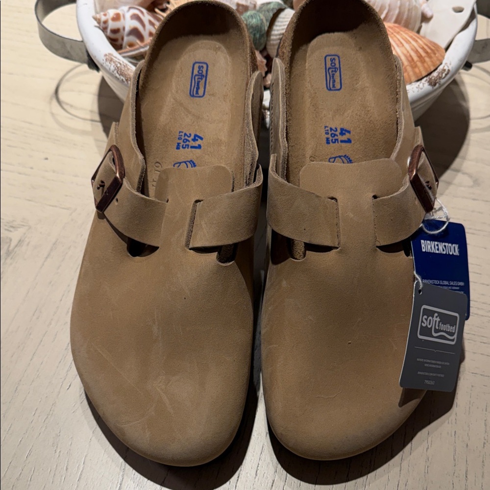 Birkenstock Tan Suede Boston Soft Footbed Clogs